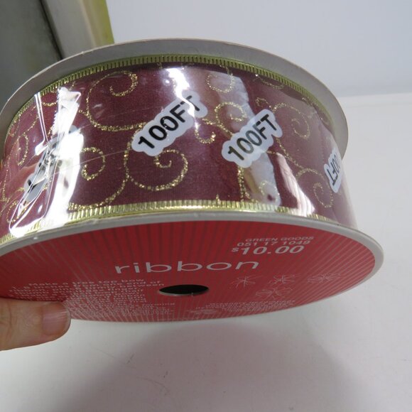Burgundy w Swirls Wired Ribbon w Gold Foiled Wired Edge 100 feet Target 2009 NEW - Picture 3 of 6